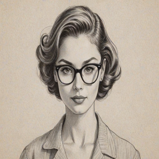 Elegant Daya, pencil sketch, portrait of Beauteous woman 1954s in glasses, hair style beatnik, outline, clear lines, fine lines, 8k