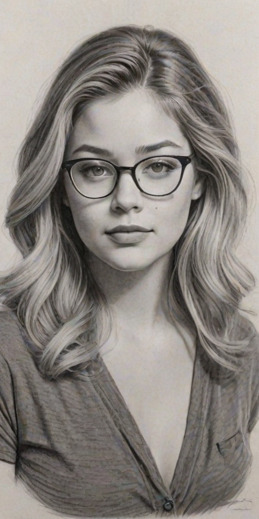 Charming Sasha Pieterse, pencil sketch, portrait of Superb woman 1944s in glasses, hair style beatnik, outline, clear lines, fine lines, 8k