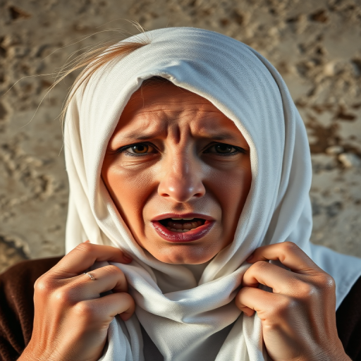Create a close-up photographic image of a Turkmen woman with light skin tones shown against an old, worn wall. Their head is wrapped in a white cloth covering (i.e.... parts of the head except the nose and mouth, which are open as if they are screaming...), with a slight texture and visible folds in the fabric. Thin strands of blonde hair escape from the wrapping above, falling lightly at the top and sides. Their hands hold the fabric as if they are tugging nervously. The lighting is dramatic and even, casting strong shadows. The image has a minimalist and surreal style with an emphasis on simplicity with soft color tones. The composition is centered.
