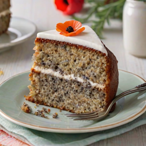 Generate an image of a slice of moist poppy seed cake topped with a smooth layer of creamy white frosting on a decorative plate with a fork beside it. The background should be soft and inviting, enhancing the dessert's appeal.