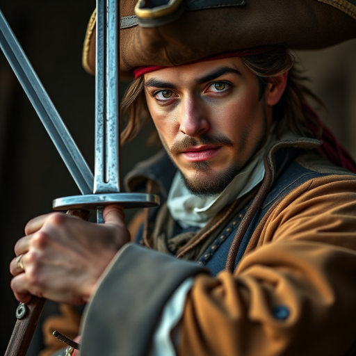 Create a detailed portrait of a dashing swashbuckler in historic attire, holding a sword, with a soft-focus background, using a Canon EOS R5 with a 50mm f/1.2 lens, aperture set to f/1.2, ISO 100, and a natural light setup for enhanced clarity and richness in colors.