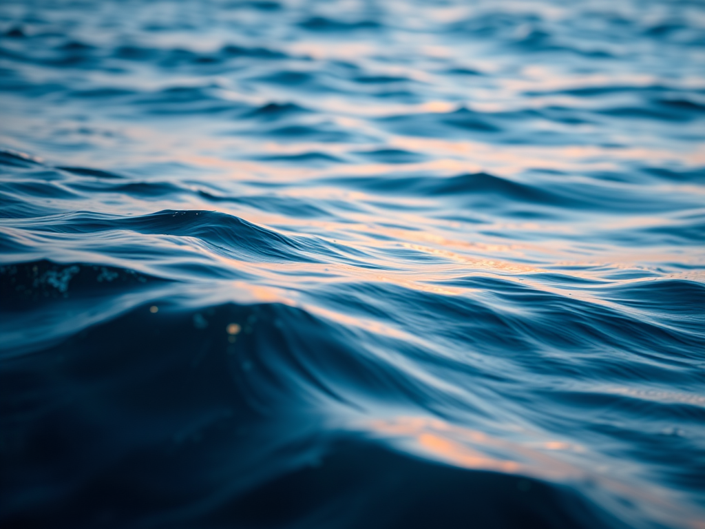 Generate an image of a serene blue wave landscape at sunrise with soft, flowing waves illuminated by glowing lights, using a DSLR camera, 50mm lens, f/1.8 aperture, ISO 100, and a low-angle view to enhance depth and detail.