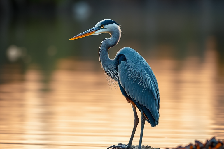 create a realistic depiction of a great blue heron standing by the water's edge, focus on intricate feather details and reflections in the water, use a Canon EOS R5 camera with a 85mm f/1.2 lens, aperture set to f/4, ISO 200, shutter speed 1/500s, natural lighting during golden hour, shallow depth of field to emphasize the heron