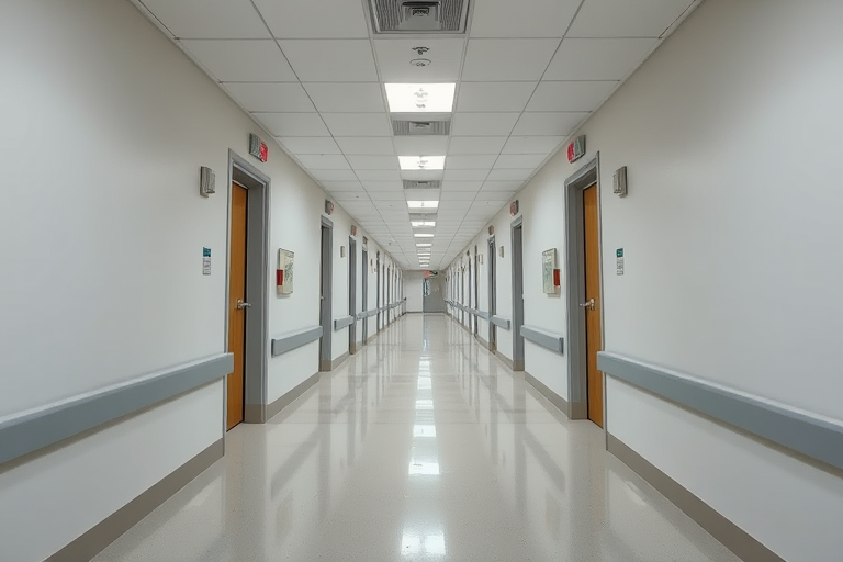 hospital corridor wide angle view, f/8 aperture, ISO 400, 1/60 shutter speed, Canon EOS R5, natural lighting, high-resolution, symmetrical composition, sharp focus