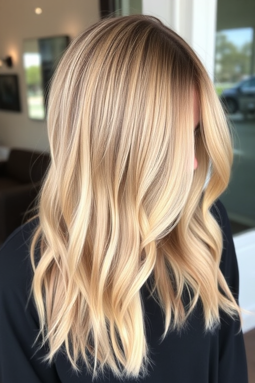 Soft honey blonde balayage on a long shag haircut, Golden Hour Shag style, blending warm tones with face-framing layers and textured ends for a lived-in look