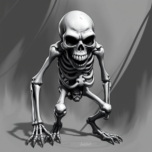 dynamic pose, angular patterns, horror theme. The skeleton is a formidable figure with a grinning skull, worn look, well-defined muscles., clawed feet and has a muscular, depicted in a realistic, with a menacing expression featuring sharp