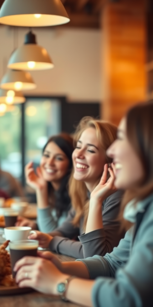 Blurry, candid photo of a group of friends laughing at a coffee shop, soft glow from overhead lights illuminating their faces, the smell of freshly brewed coffee and pastries filling the air.
