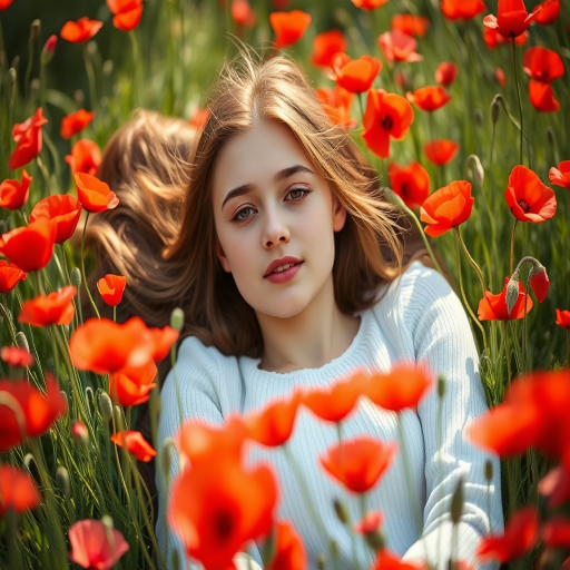 portrait of a young woman lying in a field of red poppies, soft natural light, shallow depth of field, 50mm lens, f/1.8 aperture, ISO 100, vibrant colors, Canon EOS R5