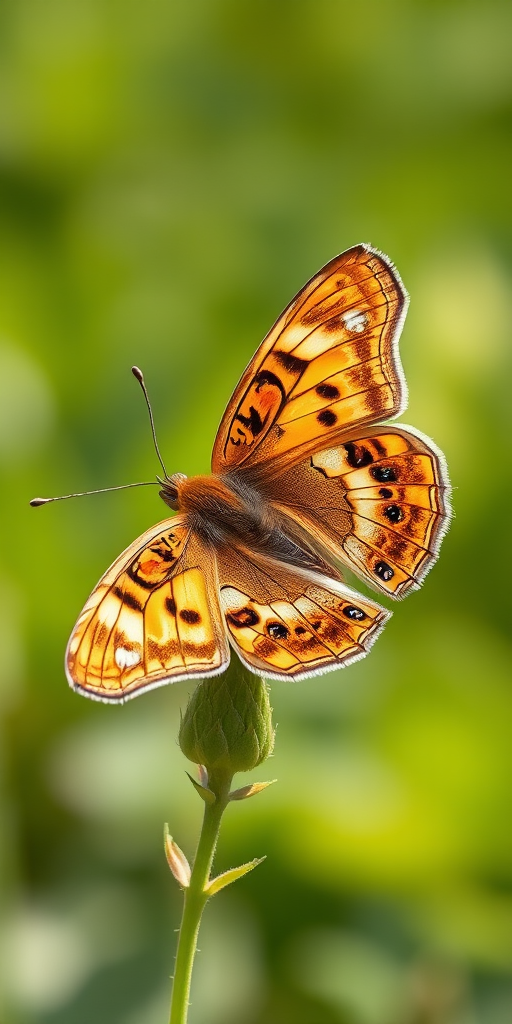 Generate an image of a butterfly resting on a green plant. The butterfly should have a light brown body with intricate patterns of orange and black spots on its wings. The background should be softly blurred with shades of green to emphasize the butterfly and the plant. The lighting should be bright and natural, highlighting the delicate details of the butterfly's wings.