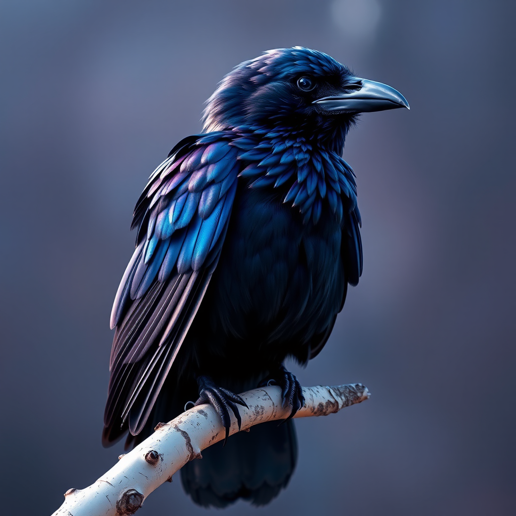 A highly detailed and vibrant illustration of a raven perched on a birch branch, capturing iridescent feathers with deep blues and purples, using a Canon EOS R5 camera, 85mm lens, f/1.8 aperture, ISO 100, shot in natural light.