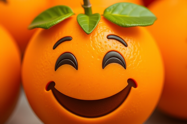 Create a high-resolution image of a cheerful orange emoji with a big smile and green leaves on top, captured with a DSLR camera, aperture f/2.8, exposure 1/200s, ISO 100, in a close-up view with vibrant colors.