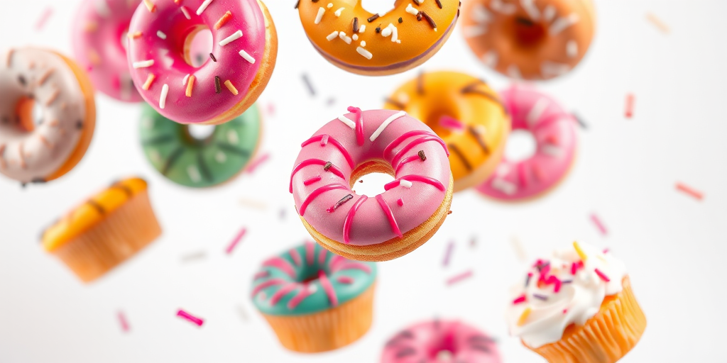A high-resolution image of a flying assortment of colorful donuts and cupcakes with sprinkles, captured with a Canon EOS R5 camera, 50mm lens, f/2.8 aperture, ISO 100, studio lighting for vibrant colors, white background for high contrast, and a soft focus effect to enhance depth.