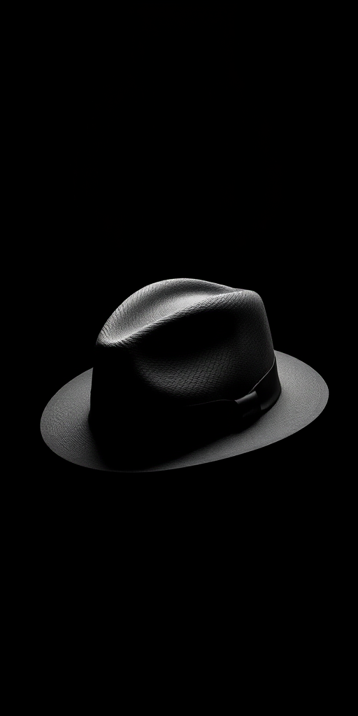 Create a high-quality vector illustration of a classic fedora hat, spotlighted on a black background, using a Canon EOS 5D Mark IV with a 50mm f/1.8 lens at aperture f/2.8, ISO 100, shoot from a slightly elevated angle with soft lighting to enhance texture and details.