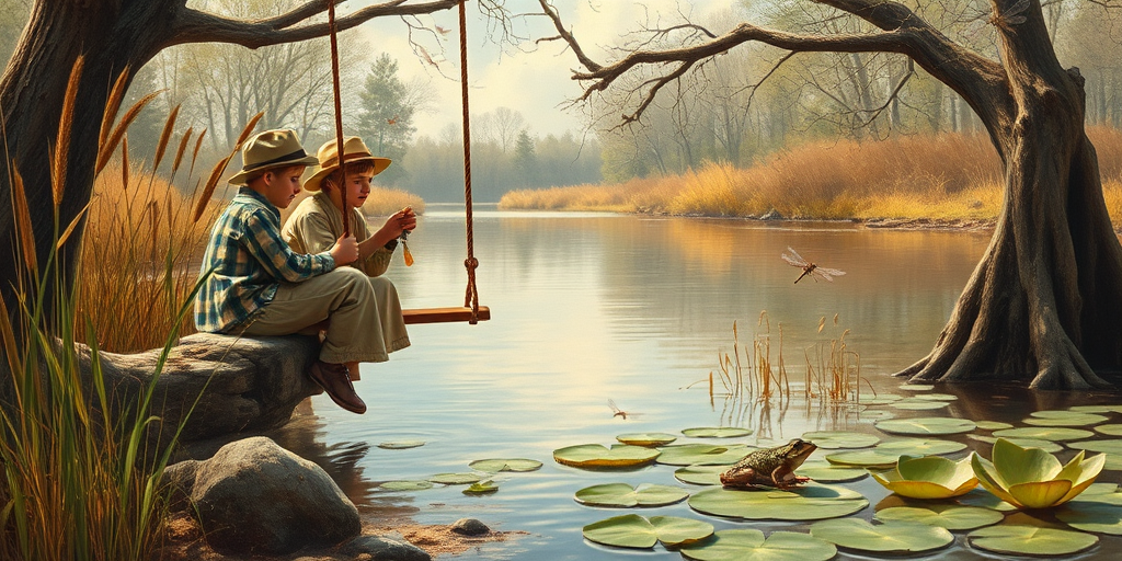 Imagine a small group of old fashioned young boys out fishing by the creek, a swing hanging from a tree branch, reeds and grasses by the water's edge, a frog sitting on a lily pad, dragonflies hovering over som water plans, a very iconic old fashioned scene reminiscent of a Norman Rockwell painting style
