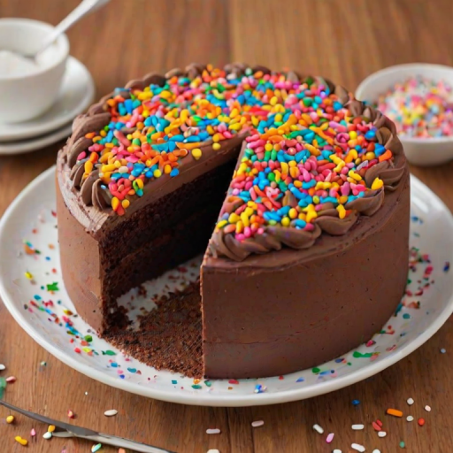 Create an image of a round chocolate cake decorated with colorful sprinkles on top and around the sides. The frosting should be rich and smooth, with a decorative swirl on the top. Include a small bowl of sprinkles nearby, and scatter some sprinkles on the surface around the cake for added detail. The background should be simple and bright to emphasize the cake.