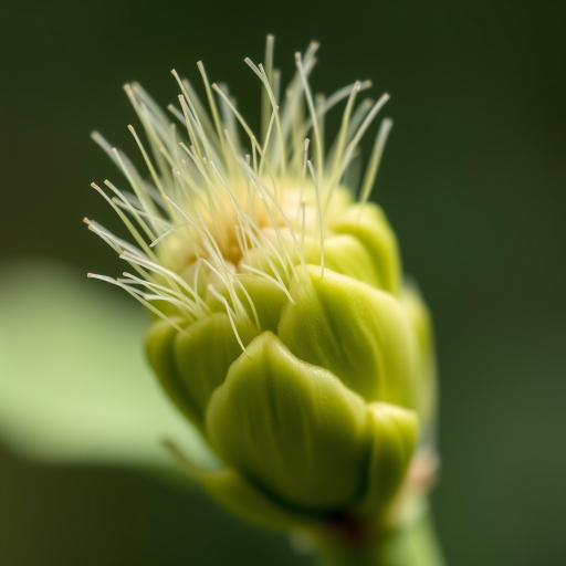 Close-up of a green plant pod with fine hairs, soft blurred background, taken with a DSLR camera at f/2.8 aperture, 1/200 sec shutter speed, ISO 100, natural light for enhanced detail and depth of field.