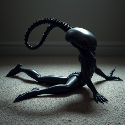 A funny Alien in a stretching position on a textured carpet, with its black, glossy body reflecting dim light. Legs spread wide, upper body bent forward, long segmented tail curving over its back, arching above its head. Face directed at the viewer, showing biomechanical features, sharp teeth, elongated skull. Muscles taut, emphasizing strength in the stretch. Minimalist environment, focusing on the creature's athletic pose. Photorealistic quality.