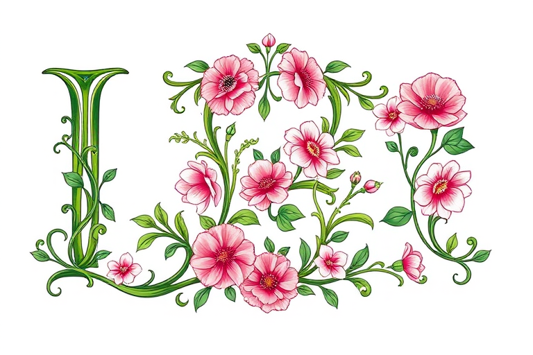 Create an ornate letter "L" with intricate floral designs in green and pink, high resolution, 50mm lens, f/2.8 aperture, natural light, DSLR camera.