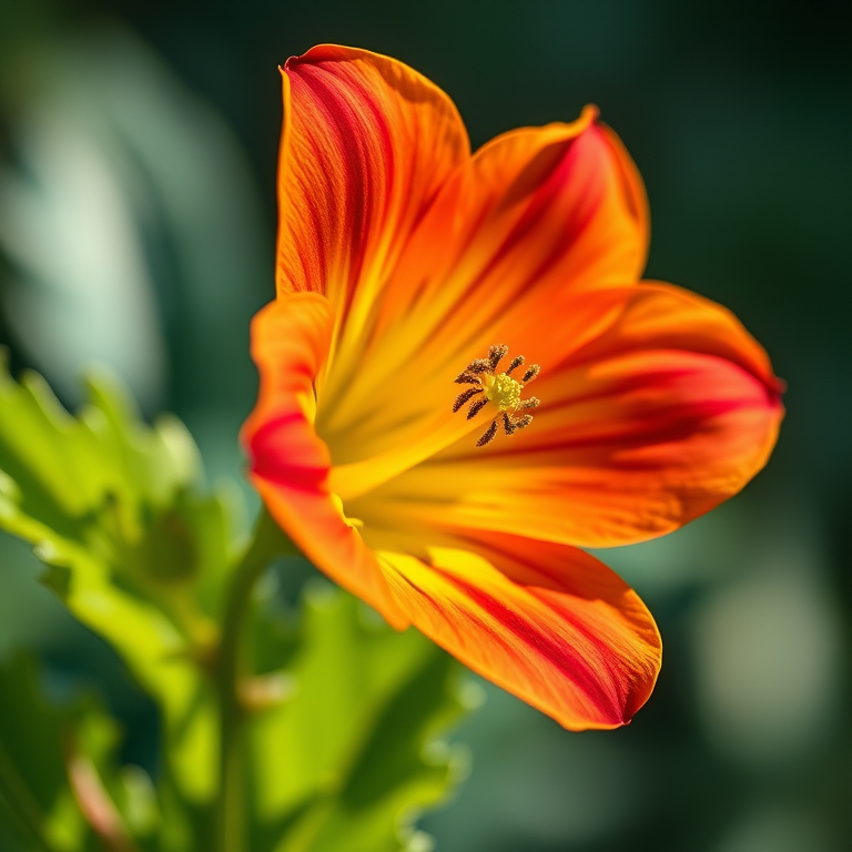Create a highly detailed, close-up illustration of a flower with vibrant colors, captured with a Canon EOS R5, 50mm lens at f/2.8, ISO 100, 1/200s, natural lighting, and a soft focus background for depth.