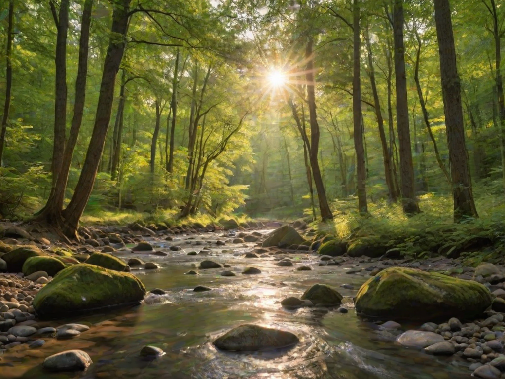 Create an image of a serene, sunlit forest scene with a clear, gently flowing river. Tall trees with lush green foliage line both sides of the river, their leaves bathed in the warm golden light of the setting or rising sun. The sunlight filters through the trees, casting soft, dappled light on the river, which flows over smooth rocks and pebbles, creating a peaceful, natural atmosphere. The sky is bright with a few scattered clouds, and the overall mood is tranquil, evoking a deep sense of connection with nature. The image captures the beauty of a calm, pristine forest landscape at either dawn or dusk.