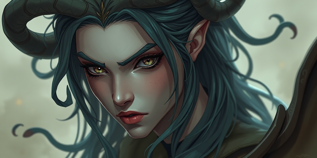 Create a high-resolution illustration of a mythical figure with serpentine hair and an enigmatic expression, captured with a digital camera at a focal length of 50mm, aperture set to f/2.8, and ISO 100, using a soft focus style to enhance detail and depth.