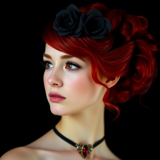 A young woman with bright red hair styled in a voluminous updo adorned with black floral accents, wearing a black choker with a large red gemstone pendant, looks off to the side with a slightly pensive expression, her face softly lit against a dark background.  The image is composed as a portrait, shot from a close-up perspective, with the subject filling most of the frame.  The woman's skin appears fair and flawless, with a subtle glow.  The overall atmosphere is elegant and slightly dramatic.