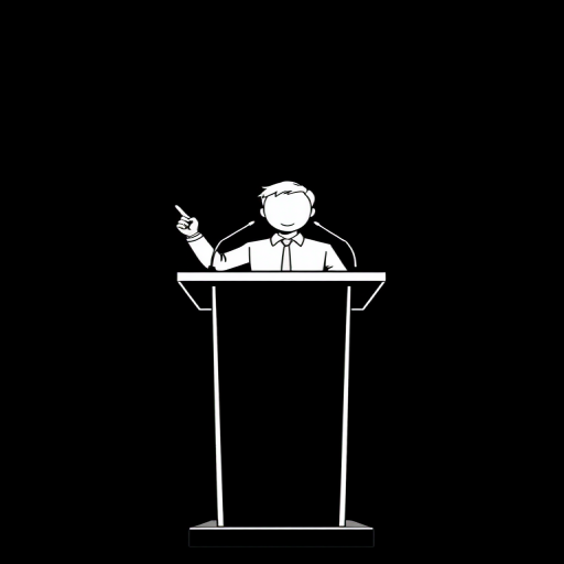 Create a minimalist black and white illustration of a person standing behind a podium holding a pointer, with a clear and sharp focus, using a DSLR camera at f/2.8, ISO 100, 1/200s shutter speed, with a medium close-up view and a solid black background for enhanced contrast.