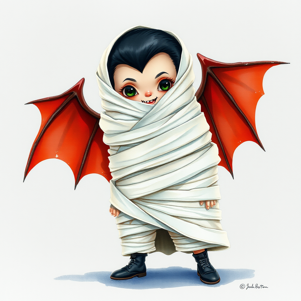 hyperrealism watercolor illustration. cute Dracula with white wrap wrapped like an upright walking mummy.