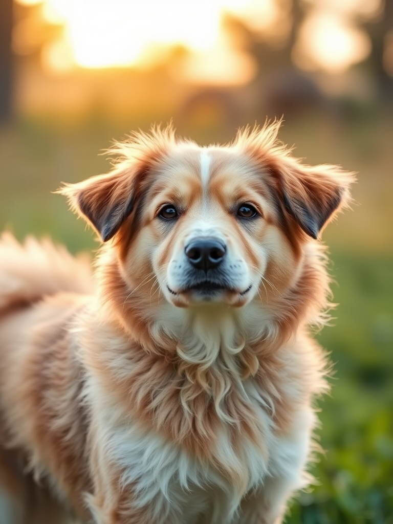 high-quality portrait of a fluffy dog in a natural setting, with soft focus background, golden hour lighting, camera settings: aperture f/2.8, ISO 100, shutter speed 1/500, camera view: eye level, camera style: realistic, camera type: DSLR