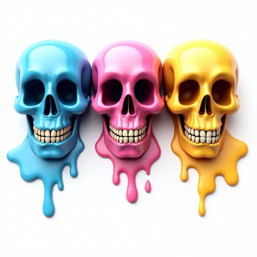 Create a hyper-realistic detailed image featuring three cartoon-style skulls aligned horizontally. The left skull is blue, the middle one is pink, and the right one is yellow. Each skull has an exaggerated, cheerful facial expression with wide, empty eye sockets and a broad, toothy grin. The skulls appear as if they are melting, with drips of color flowing down and pooling at the base. The drips enhance the vibrant, shiny appearance of the colors. The background is simple and white, emphasizing the vivid colors of the skulls. Each skull has slight shadows and highlights, adding depth and a glossy, wet look to the image. The proportions are playful and stylized with oversized heads, particularly focusing on the large, expressive mouth and eyes. This colorful, eye-catching image blends pop art sensibilities with a slightly macabre theme.