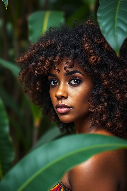 Create a highly detailed portrait of a woman with curly hair in a vibrant jungle setting, using a Canon EOS R5, 85mm lens, f/1.8 aperture, 1/125 sec shutter speed, and ISO 100 in soft natural lighting to enhance colors and textures.