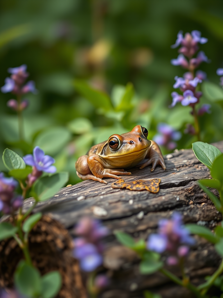 Capture a close-up of a frog resting on a log surrounded by lush greenery and purple flowers, using a DSLR camera at f/2.8 aperture, ISO 400, 50mm lens, with soft natural lighting and a shallow depth of field for enhanced image quality.