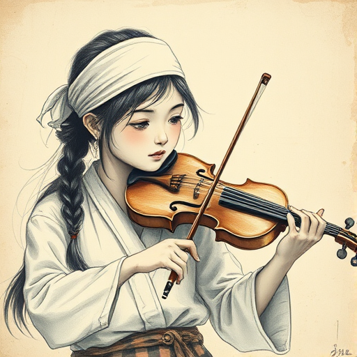 a young Ryukyuan woman with a white headband playing a violin, in the style of a charcoal drawing, sepia grunge background