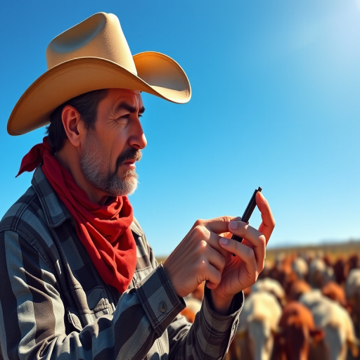 Create a high-resolution digital illustration of a cowboy examining a small object, wearing a wide-brimmed hat and red bandana, against a bright blue sky with a herd of cattle in the background, using a DSLR camera with a 50mm lens, aperture set to f/2.8, ISO 100, and a shallow depth of field to focus on the cowboy, while blurring the background slightly for enhanced image quality.