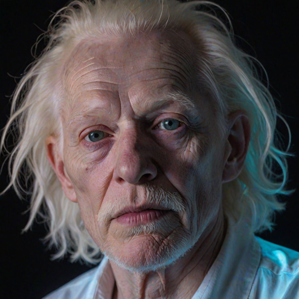 create a close-up perspective view fine art photography contemporary style of an elderly worn albino’s face with a soft, candid expression on a blurred sky black light background.Showcasing a modern style characterized by vibrant blacklight tones, using dramatic lighting and soft gradients to create a fine art atmosphere. The focus is on the light and facial features. motion light blur, neon backlit