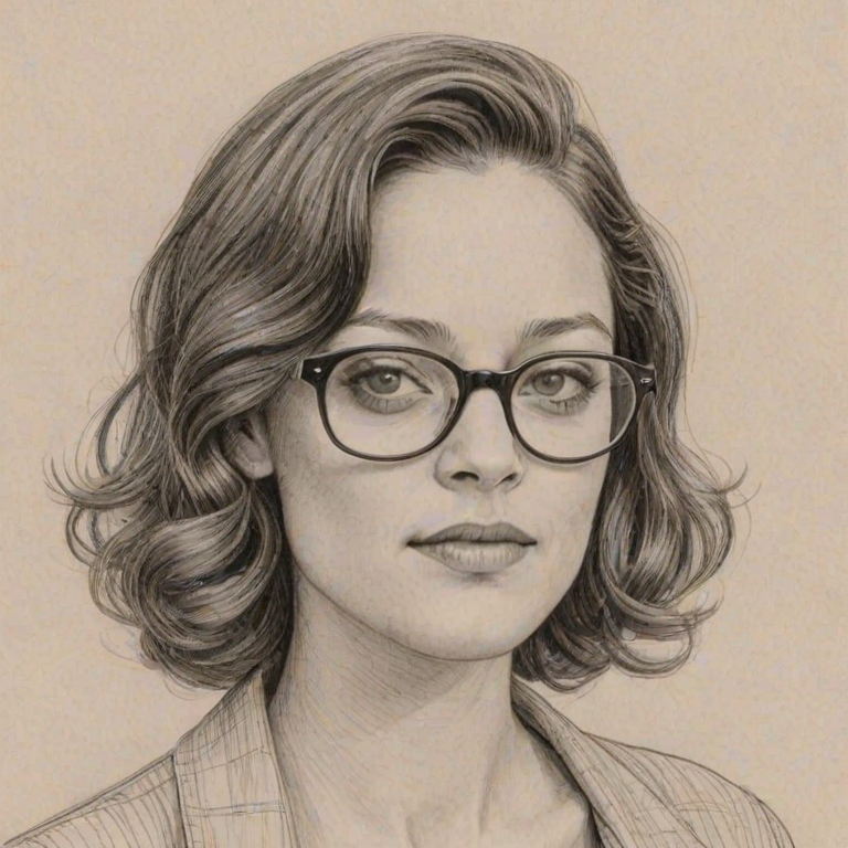 Wonderful Marion Cotillard, pencil sketch, portrait of Attractive woman 1949s in glasses, hair style beatnik, outline, clear lines, fine lines, 8k