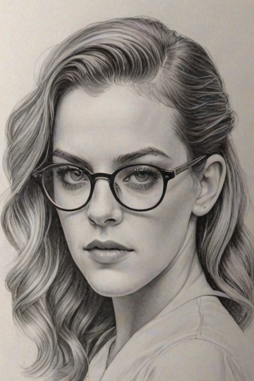 Radiant Riley Keough, pencil sketch, portrait of Exquisite woman 1936s in glasses, hair style beatnik, outline, clear lines, fine lines, 8k