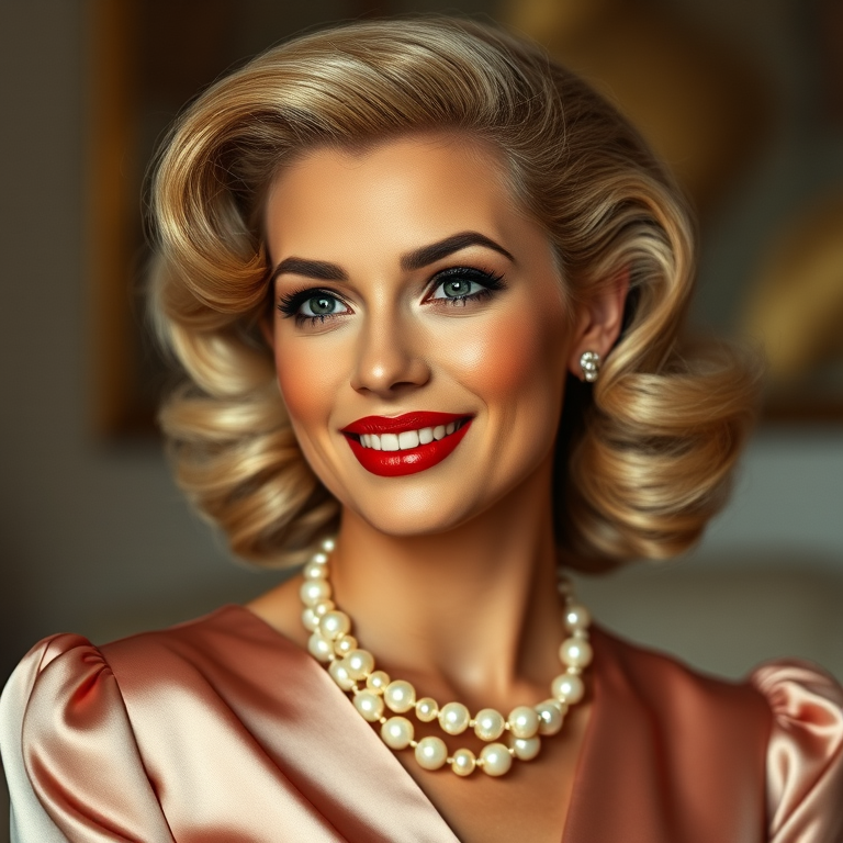 A beautiful Creole woman reminiscent of 1950s Hollywood glamour, with perfectly styled blonde hair and a seductive smile, dressed in a satin blouse and adorned with pearls, soft and warm tones, photorealistic, 8K