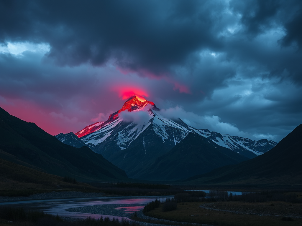 Create a dramatic mountain landscape scene with a glowing red peak against a stormy sky, reflective river in the foreground, shot with a Canon EOS R5, 24mm lens, f/8 aperture, ISO 100, at twilight for enhanced color saturation and contrast.