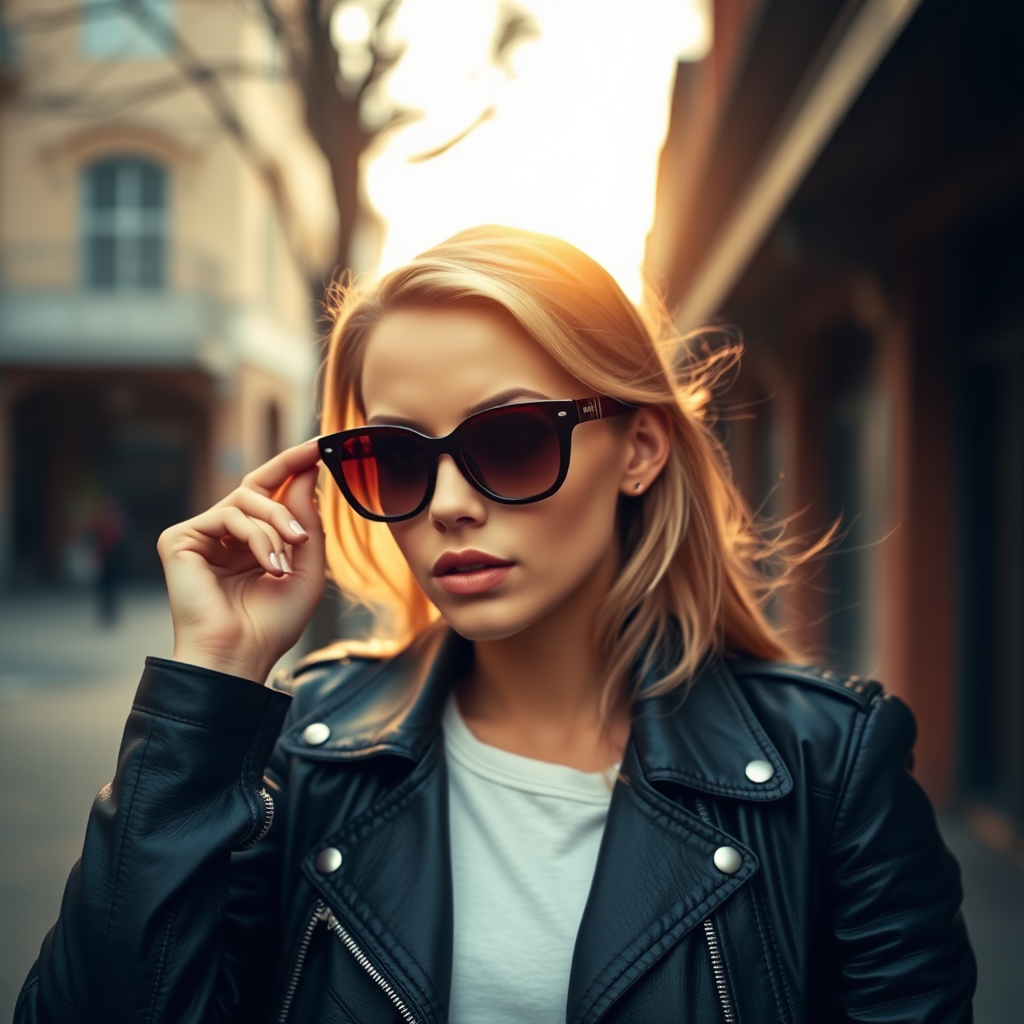 Outdoor shot, stunning female model, vintage leather jacket, sunglasses, cinematic effect, Position the camera at the model’s eye level using a 35mm f/1.4 lens