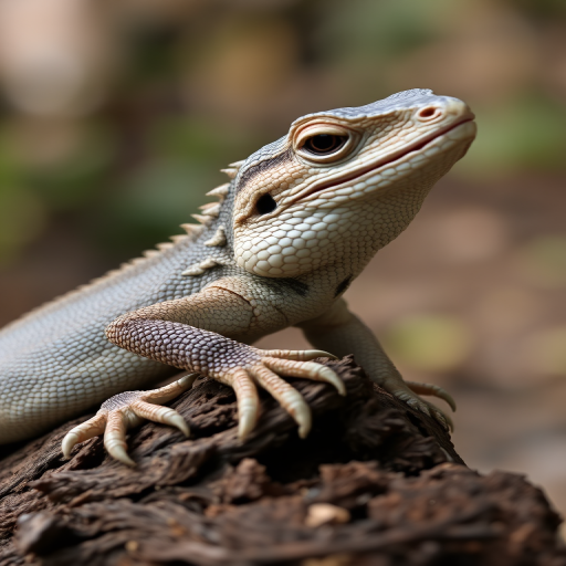 a close-up of a textured lizard resting on a piece of wood, displaying intricate patterns on its skin and sharp claws, with a blurred natural background