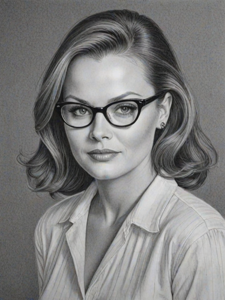 Enticing Belinda Carlisle, pencil sketch, portrait of Elegant woman 1954s in glasses, hair style beatnik, outline, clear lines, fine lines, 8k