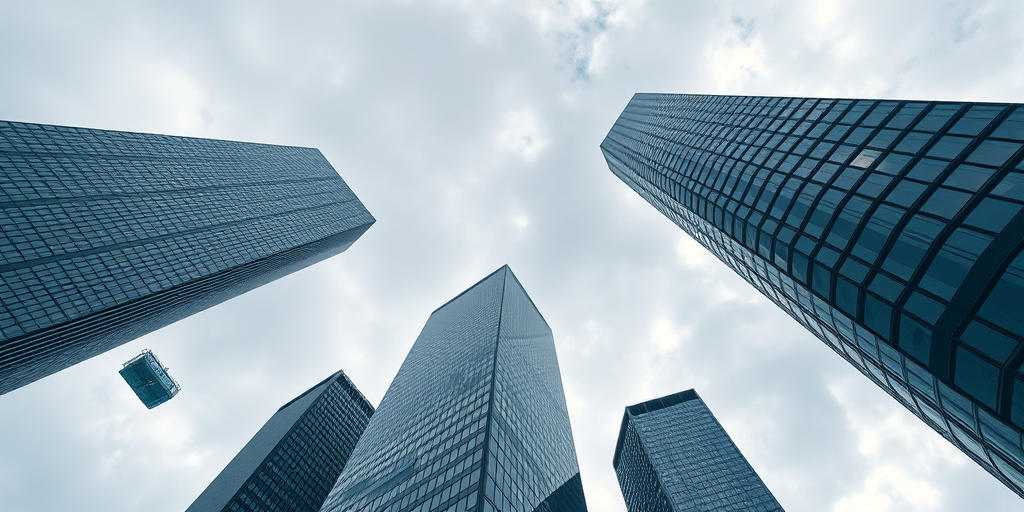 high-angle view of modern skyscrapers towering against a cloudy sky, wide-angle lens, f/8 aperture, ISO 200, 24mm focal length, taken with a DSLR camera