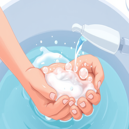 Create a clean and vibrant illustration of hands washing with soap and water, include a soap dispenser pouring liquid soap, use a high-resolution digital format, set camera settings to f/8 aperture, 1/60 shutter speed, and ISO 100, use a close-up view with a soft focus background, digital illustration style.