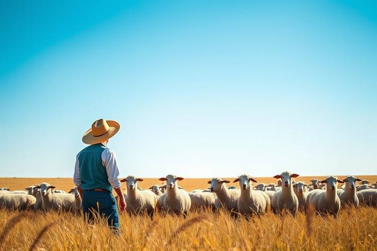 Create a serene landscape featuring a farmer wearing a straw hat standing among a flock of sheep in a golden field under a clear blue sky, using a DSLR camera with a 50mm lens, f/8 aperture, ISO 200, 1/200 sec shutter speed, shot at eye level for depth and clarity.