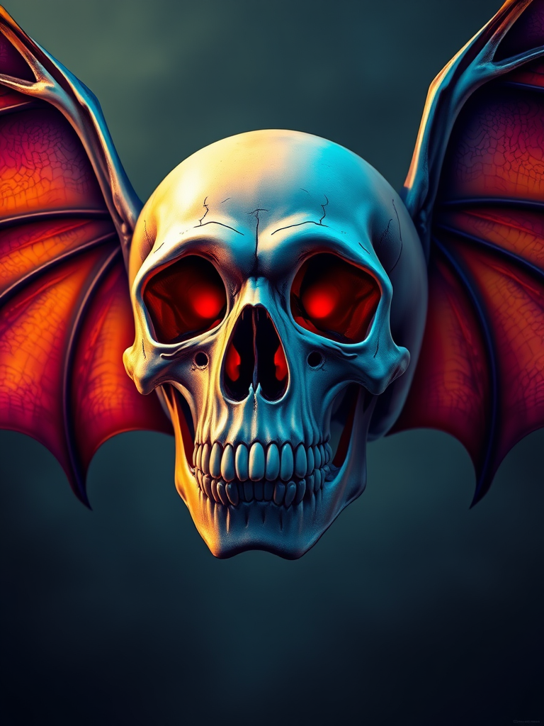 Create a vibrant, high-resolution illustration of a skull with colorful bat wings, using a Canon EOS 5D Mark IV, 50mm lens, f/4 aperture, ISO 100, and shot from a straight-on view to enhance details and colors.