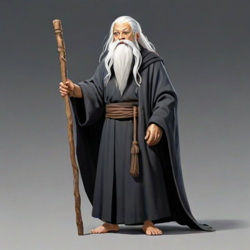 Character design of an old wise man with long white hair, wearing black and grey robes holding a wooden staff in the style of Studio Ghibli, full body shot, fantasy art style