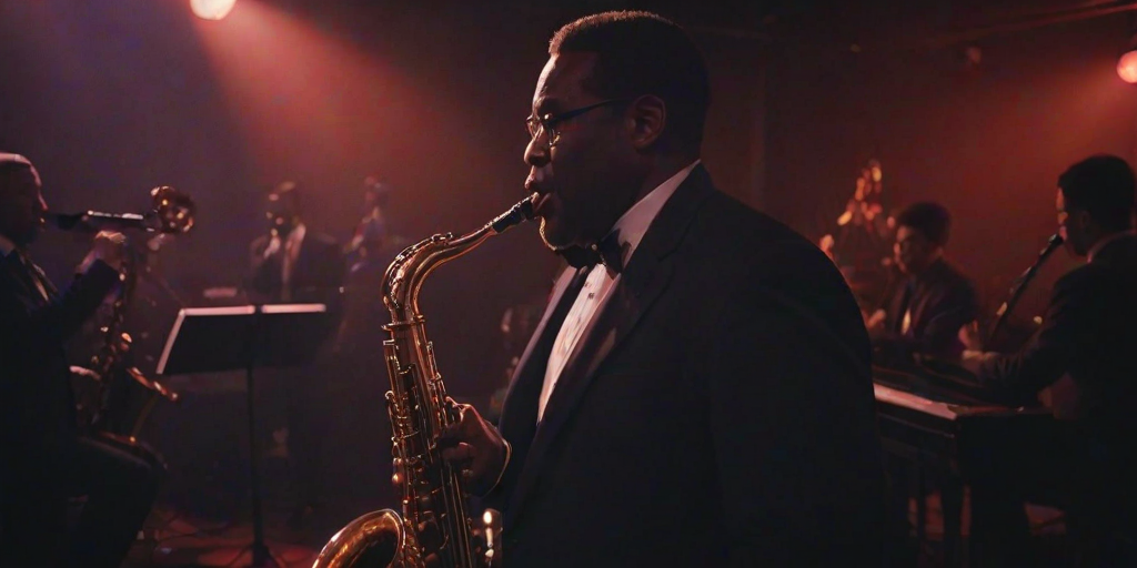 Low-light, intimate image of a jazz band performing in a smoky nightclub, soft glow from red stage lights casting a warm hue on the musicians, the sound of smooth saxophone notes filling the air, audience members quietly sipping drinks in the background.