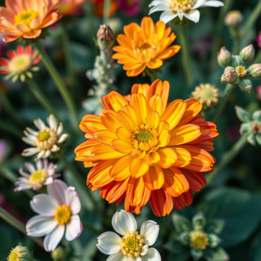 Generate a high-resolution botanical illustration of various flowering plants with bright colors and detailed textures captured using a DSLR camera at f/2.8 aperture, ISO 100, 1/125 sec shutter speed, in a macro lens view with natural soft lighting.