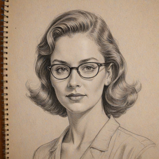 Comely Lilia Buckingham, pencil sketch, portrait of Comely woman 1947s in glasses, hair style beatnik, outline, clear lines, fine lines, 8k